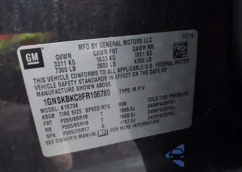 2015 Chevrolet Tahoe Lt from USA, damaged, VIN 1GNSKBKC8FR106780